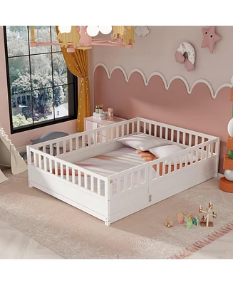 Full size Floor bed, integral construction with super high security barrier, door, children's floor bed frame, Montessori wooden children's floor bed,