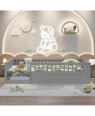 Twin Floor Bed Frame with Fence, Wood Kids Floor Beds Frame for Bedroom Playroom, Gray date Jun. 21st)