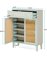 Tribesigns Shoe Cabinet with Doors and Drawer, Modern Shoe Storage Cabinet for Entryway, Rattan Shoes Cabinet with Adjustable Shelf, Wooden Shoe Organ