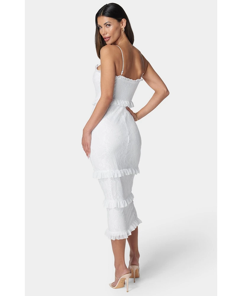 Bebe Women's Lace Maxi with Ruffle Dress