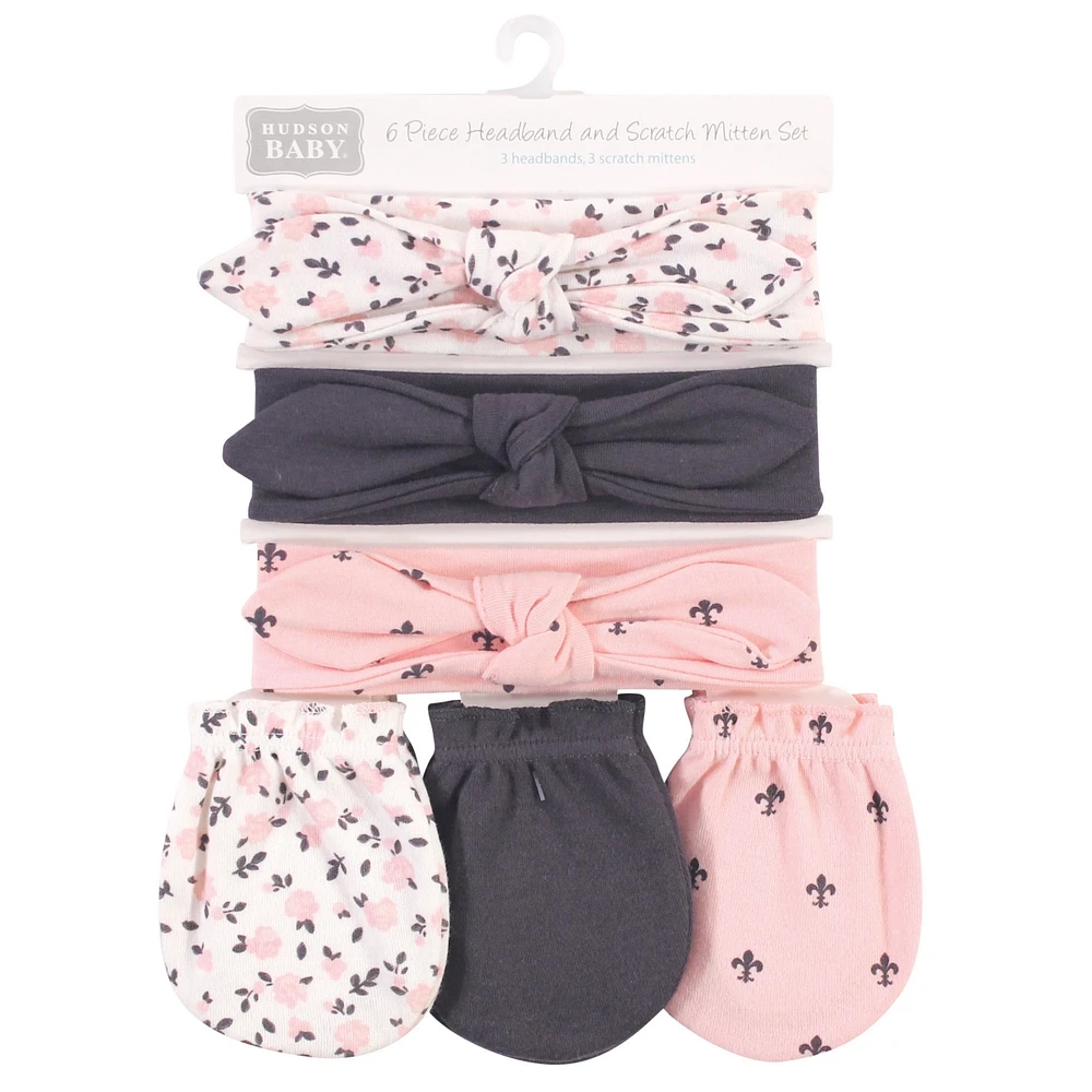 Hudson Baby Girls Cotton Headband and Scratch Mitten Set