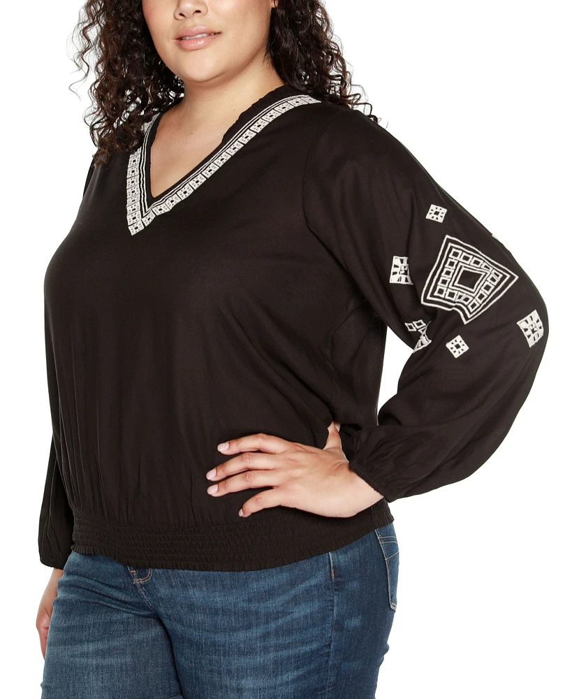 Belldini Black Label Plus Embroidered Blouson Sleeve V-Neck Blouse