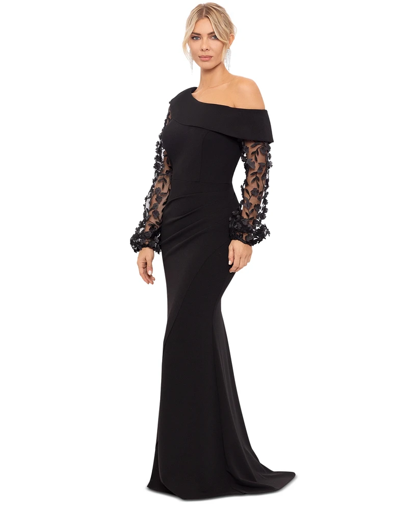 Xscape Women's Off-The-Shoulder Floral-Sleeve Scuba Crepe Gown