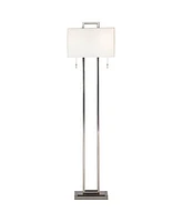 Possini Euro Design Modern Standing Floor Lamp Double Tier 62" Tall Brushed Nickel Silver Openwork Rectangular Off White Fabric Shade Decor for Living