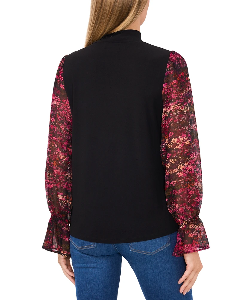CeCe Women's Sheer Floral Long-Sleeve Mock Neck Top