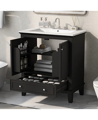 30" Vanity with Sink, Solid Wood & Mdf Cabinet, Doors & Drawer
