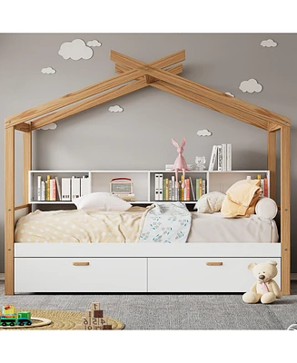 Whimsical House Bed with Drawers and Bookshelves