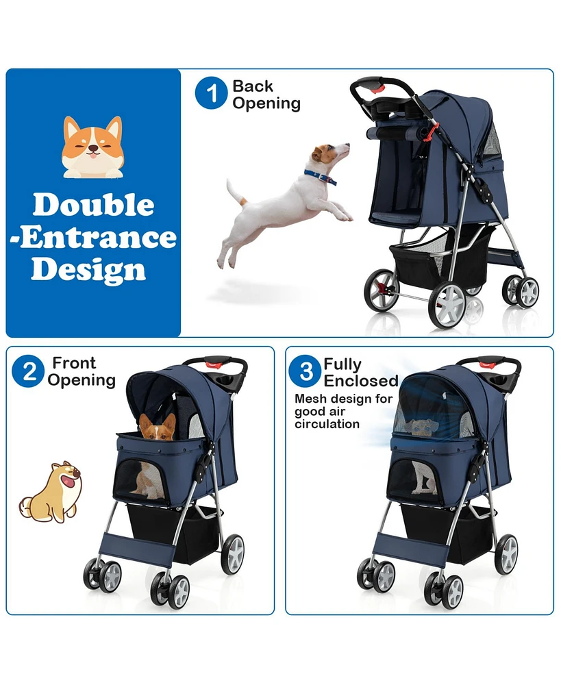 Pet Stroller Folding with Storage Basket and Adjustable Canopy – Easy to Maneuver Dog
