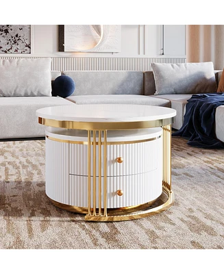 Modern 2-Piece White Round Nesting Coffee Table with Drawers
