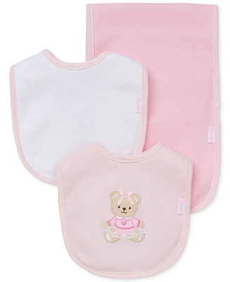 Little Me Baby Girls Sweet Bear Bibs and Burp Cloth, 3 Piece Set