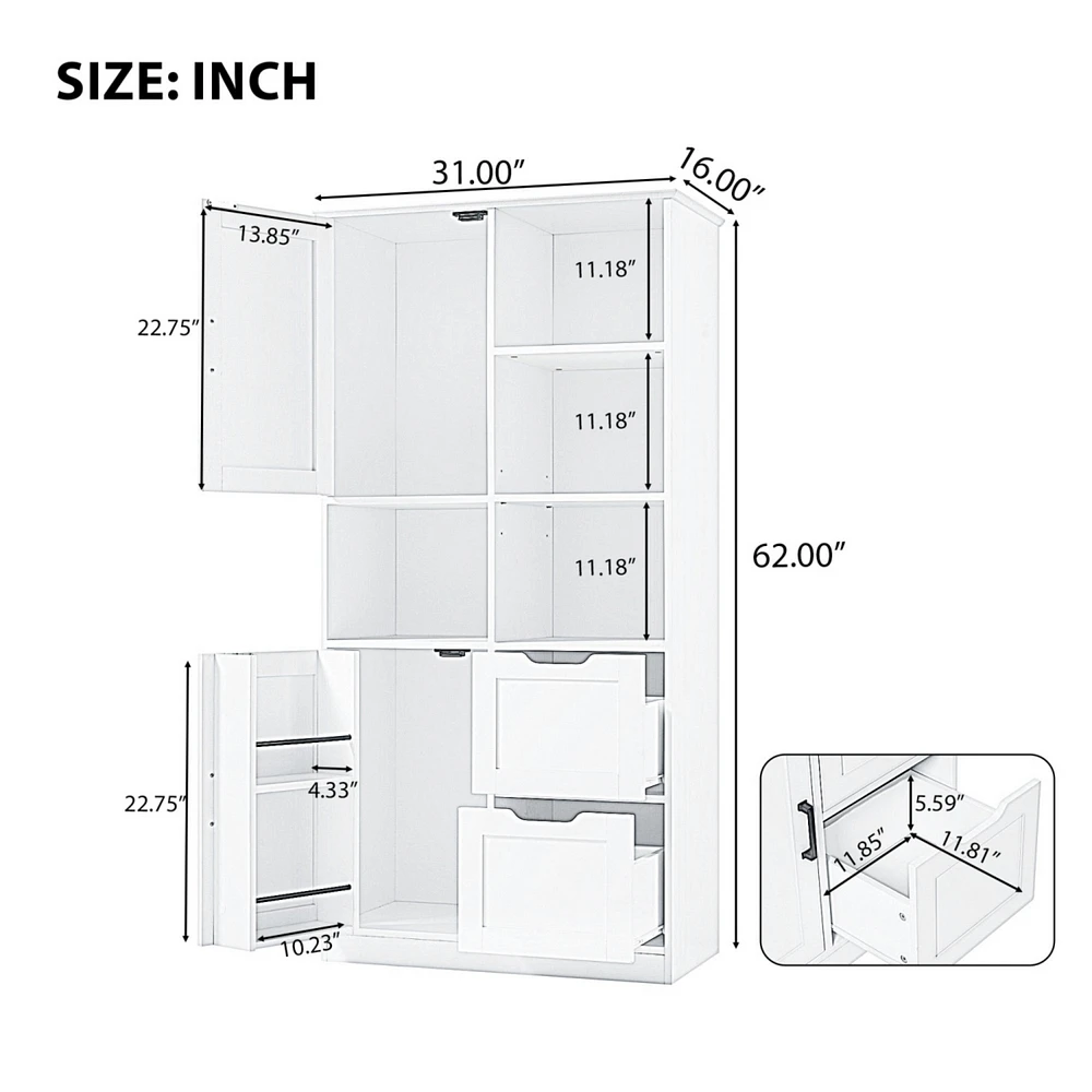Tall Bathroom Storage Cabinet with Doors, Drawers, Shelves, Adjustable Shelf