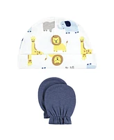 Hudson Baby Boys Soft Cotton Beanie and Anti-Scratch Hand Mitts