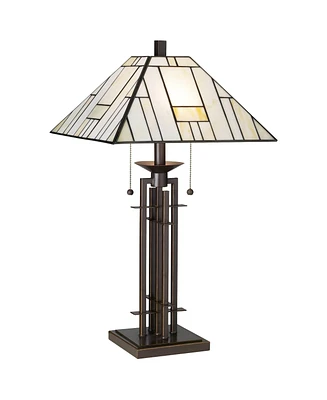 Mission Tiffany Style Table Lamp with Table Top Dimmer 26.5" High Bronze Wrought Iron Stained Glass Shade for Living Room Bedroom House Bedside N