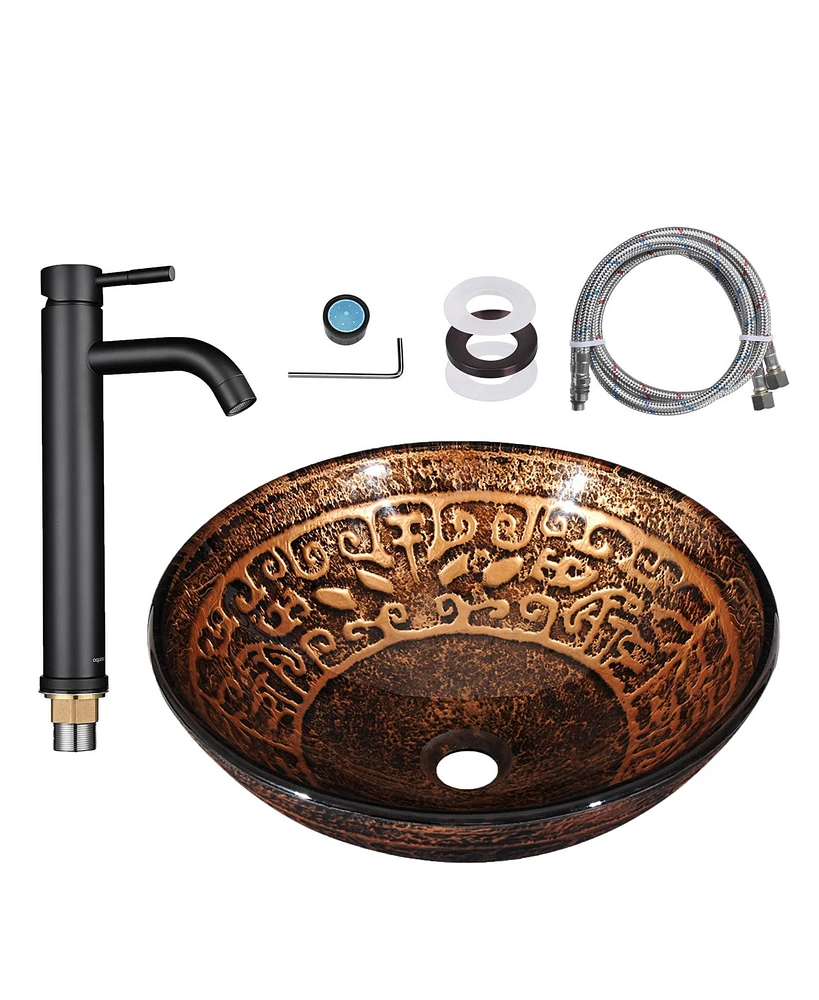 Aquaterior Tempered Glass Vessel Sink Antique Totem w/ Orb Faucet Mounting Ring