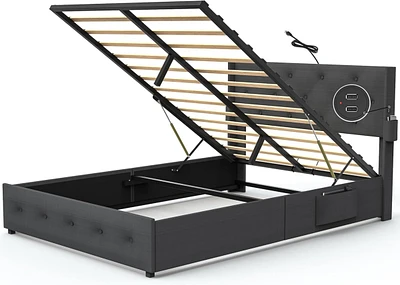 Queen Bed Frame with Storage, Lift Up, Wingback Headboard, Usb Ports