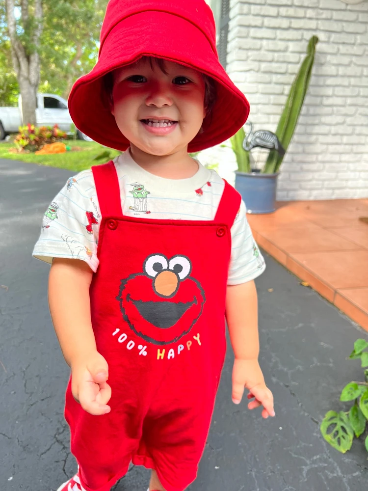 Sesame Street Baby Boys Elmo French Terry Short Overalls T-Shirt and Hat 3 Piece Outfit Set Newborn to