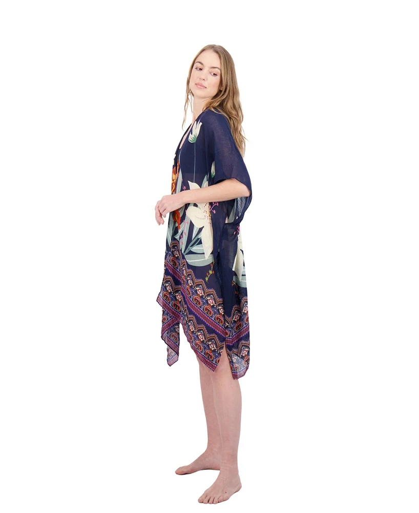 Tahari New York Tahari Women's 100% Viscose Lightweight Tropical Print Kimono, Navy