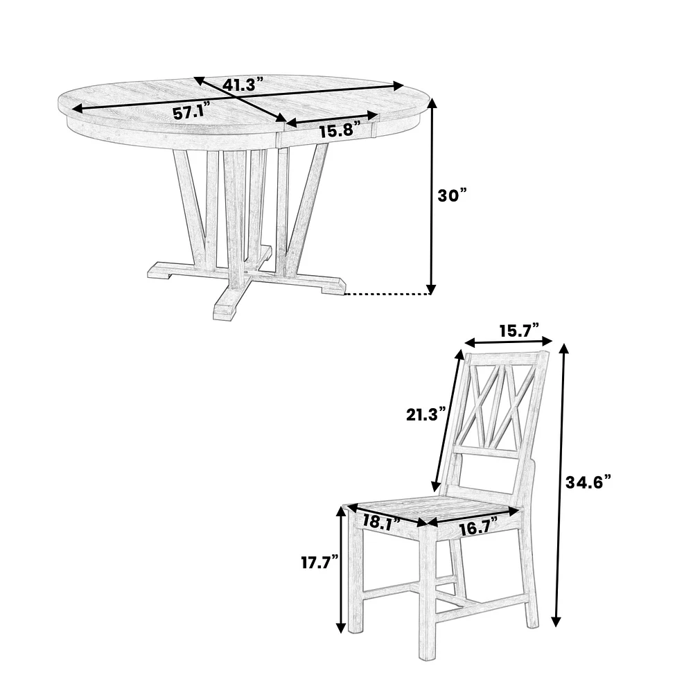 Rustic 5-Piece Dining Set with Extendable Table & Cross Back Chairs