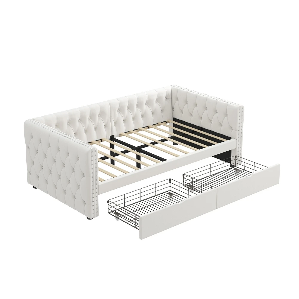 Velvet upholstered twin daybed with drawers