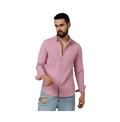 Men's Salmon Pink Self-Design Striped Shirt