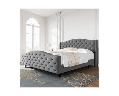 gaomon Luxury Upholstered Bed Frame with Wingback Headboard, Velvet Platform Bed Frame Mattress Foundation with Wooden Slats, No Box Spring Needed, Gr