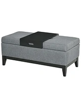 Fabric Upholste Storage Ottoman Recgular Bench Wood Leg Furniture W/Tray