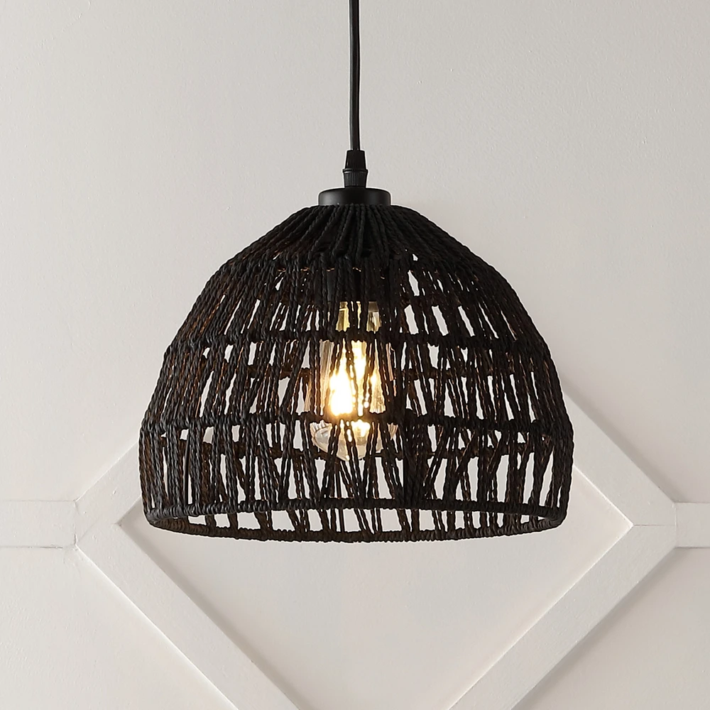 Jonathan Y Campana 10.25" 1-Light Bohemian Modern Woven Rope/Iron Led Pendant, Black