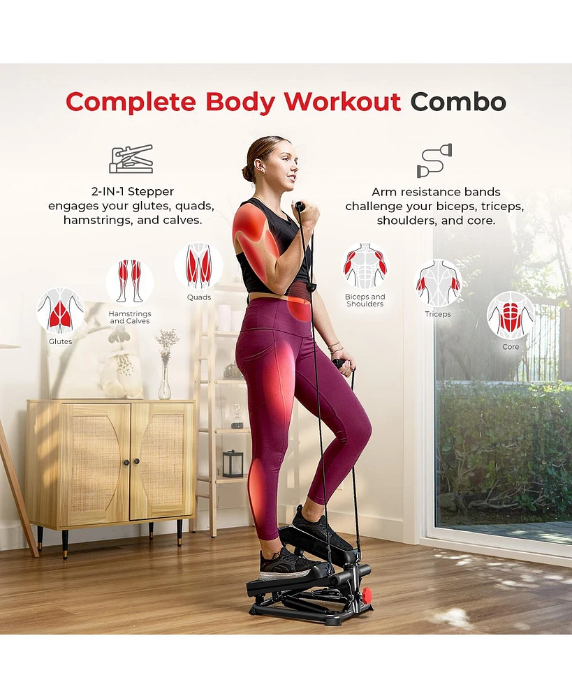Total Body Smart 2-in-1 Stepper Machine, Total Body Workout, Adjustable Hydraulic, Lcd Monitor, Resistance Bands, Non-Slip Pedals with Optional Smart