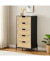 Modern Rattan 5 Drawers Dresser, Double Dresser for Bedroom, Chest of Drawers Closet Organizers and Storage Clothes for Bedroom Living Room Hallway Of