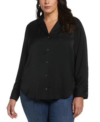 Rafaella Plus Size Notch Collar Silk Long Sleeve Button-Down Blouse