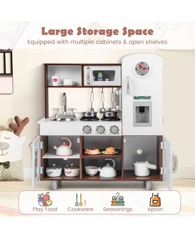 Vebreda Kids Kitchen Playset with Realistic Sounds and Lights-Brown & White