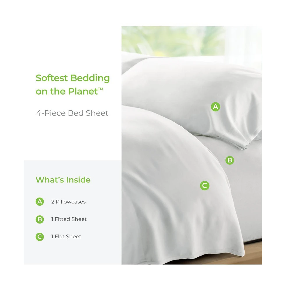 Cariloha Retreat 4-Piece Sateen Sheet Set | White | Split King | Lyocell Material | Breathable, Corner Straps, Extra soft & Cooling