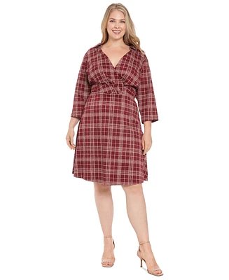 London Times Plus Size Plaid Collared V-Neck 3/4-Sleeve Dress
