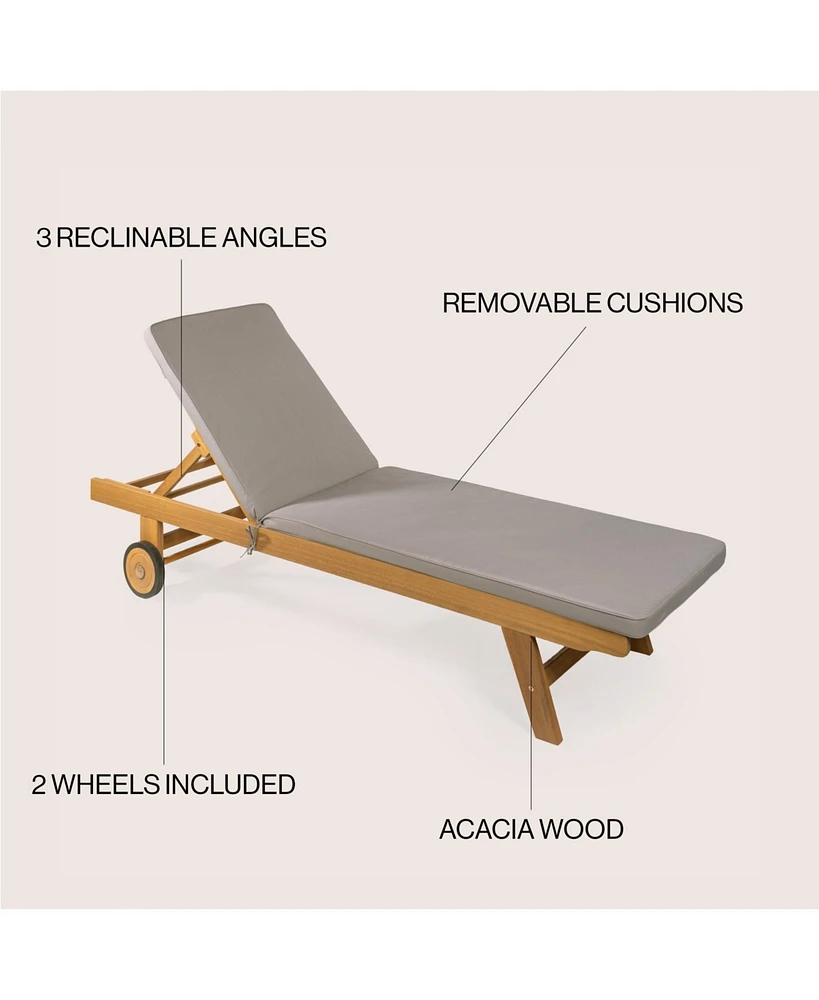 Jonathan Y Mallorca Modern Classic Adjustable Acacia Wood Chaise Outdoor Lounge Chair with Cushion & Wheels