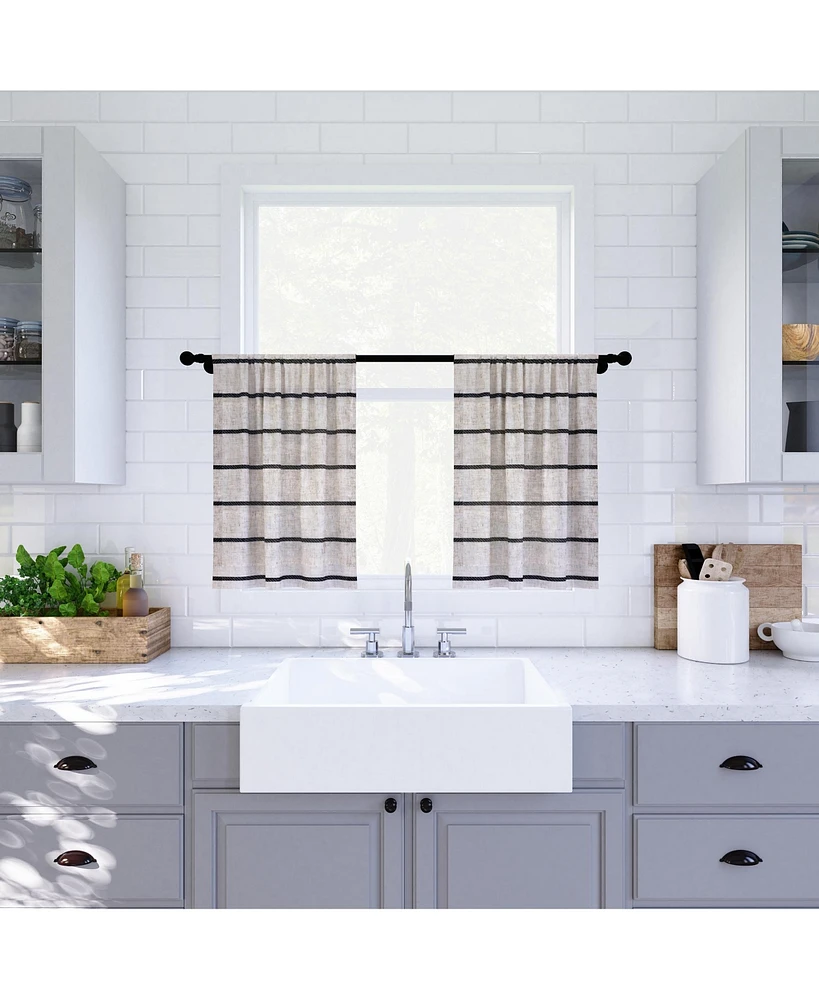 Twill Stripe Anti-Dust Linen Blend Sheer Cafe Curtain Pair