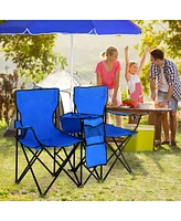 Costway Portable Folding Picnic Double Chair W/Umbrella Table