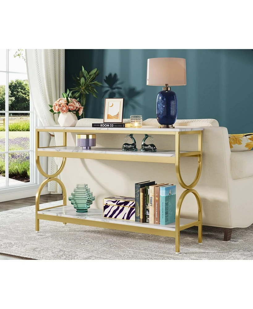 Tribesigns 3-Tier Console Table, 55 inch Sofa Table with Open Storage Shelves, Narrow Long Hallway/Entryway Table with Faux Marble Top for Home Living
