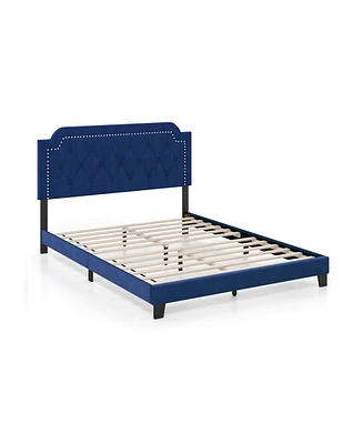 Queen Size Velvet Platform Bed with Button Tufted and Nailhead Trim Headboard