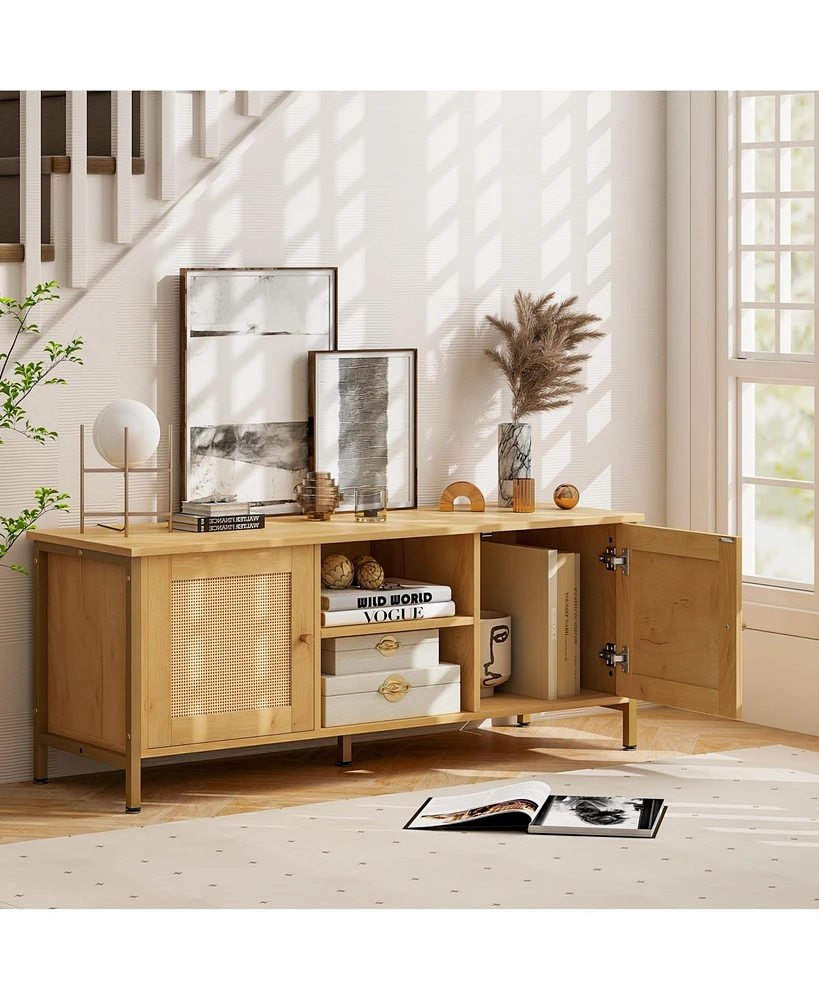 Skonyon Boho Tv Stand for Tv up to 55 Inches with Faux Rattan Door-Natural