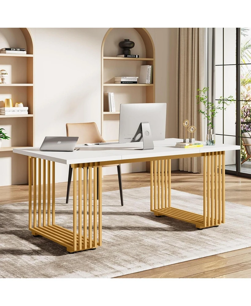 Tribesigns 70.9" Modern Office Desk, Wooden Computer Desk, White Executive Desk with Gold Metal Legs, Large Workstation for Home Office, Study Writing