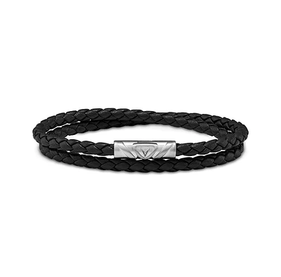 Vincero Men's Black Silver Delta Double Bracelet with Full-Grain Ecco Leather and Magnetic Clasp, Regular