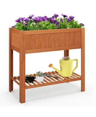 Skonyon Outdoor Raised Garden Bed Fir Wood Planter Box with Bottom Storage Shelf and Protective Liner-Brown