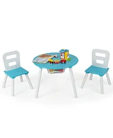 Kids Wooden Round Table & 2 Chair Set w/ Center Mesh Storage