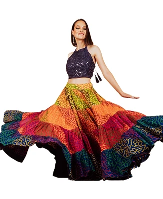 Raas Women's 3 Piece Dress With Mirror Embroidery Crop Top and Multicolor Tiered Skirt