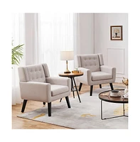 Yaheetech Linen Fabric Upholstered Button Tufted Armchair with Solid Wood Legs with Thick Removable Seat Cushion, Beige