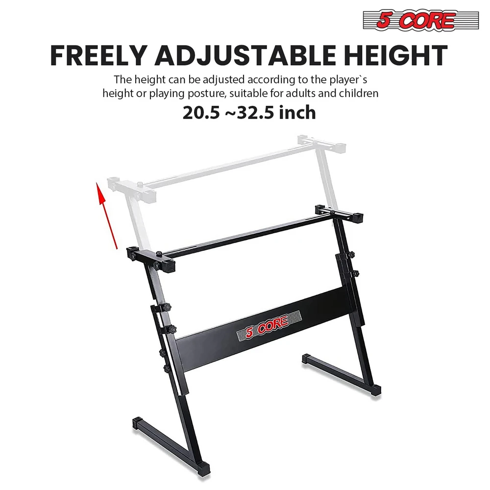 5 Core Keyboard Stand Adjustable z Style Piano Riser + Keyboard Piano Bench - Black