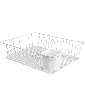 MegaChef 17.5 Inch White Single Level Dish Rack with 14 Plate Positioners and a Detachable Utensil Holder