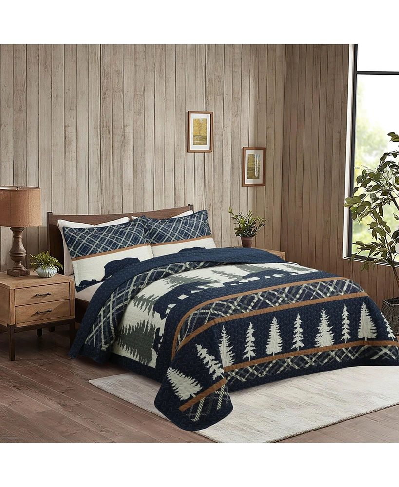 MarCielo 3 Pcs Cabin Lodge Rustic Country Bear Quilt Bedspread Set King