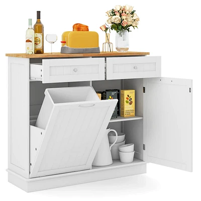 Wooden Kitchen Trash Cabinet Tilt Out Bin Holder with Drawer & Storage Shelf