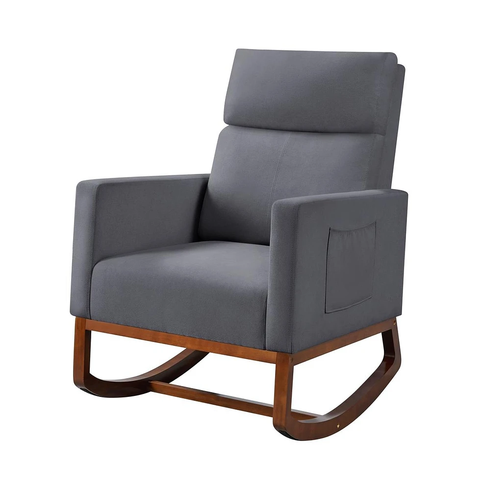Yaheetech Fabric Upholstered High Back Rocking Chair with Solid Wood Legs, Side Pockets